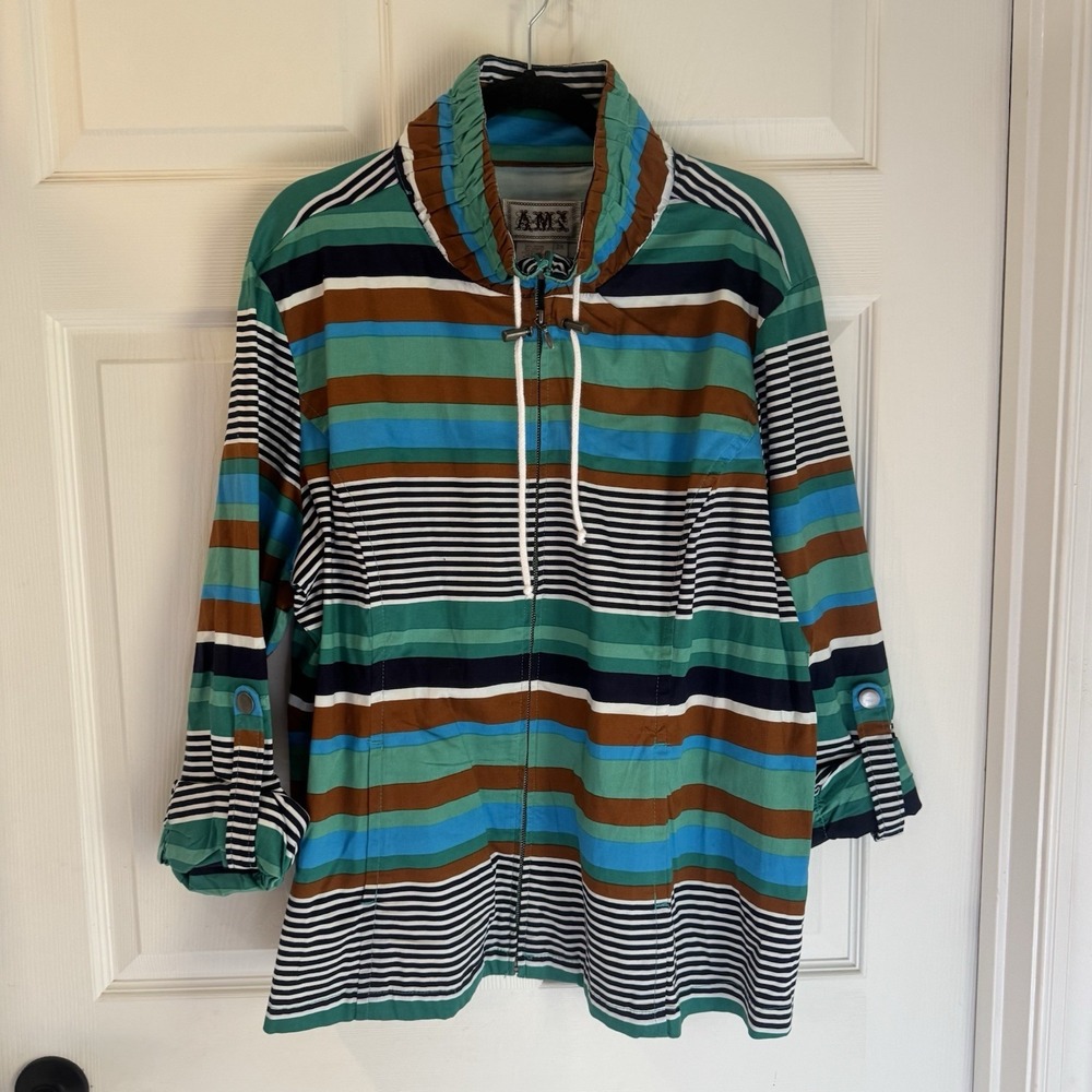 Ami Women's Canvas Jacket Green Brown Striped‎ Plus Sz 2X Zip Nautical